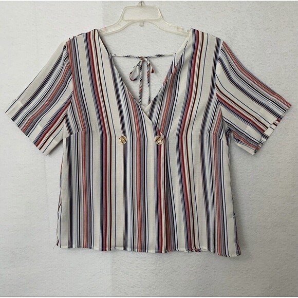 Luxology Blouse Women Medium Multicolor Red White Blue Vertical Stripe Tie Comfy - Picture 1 of 10